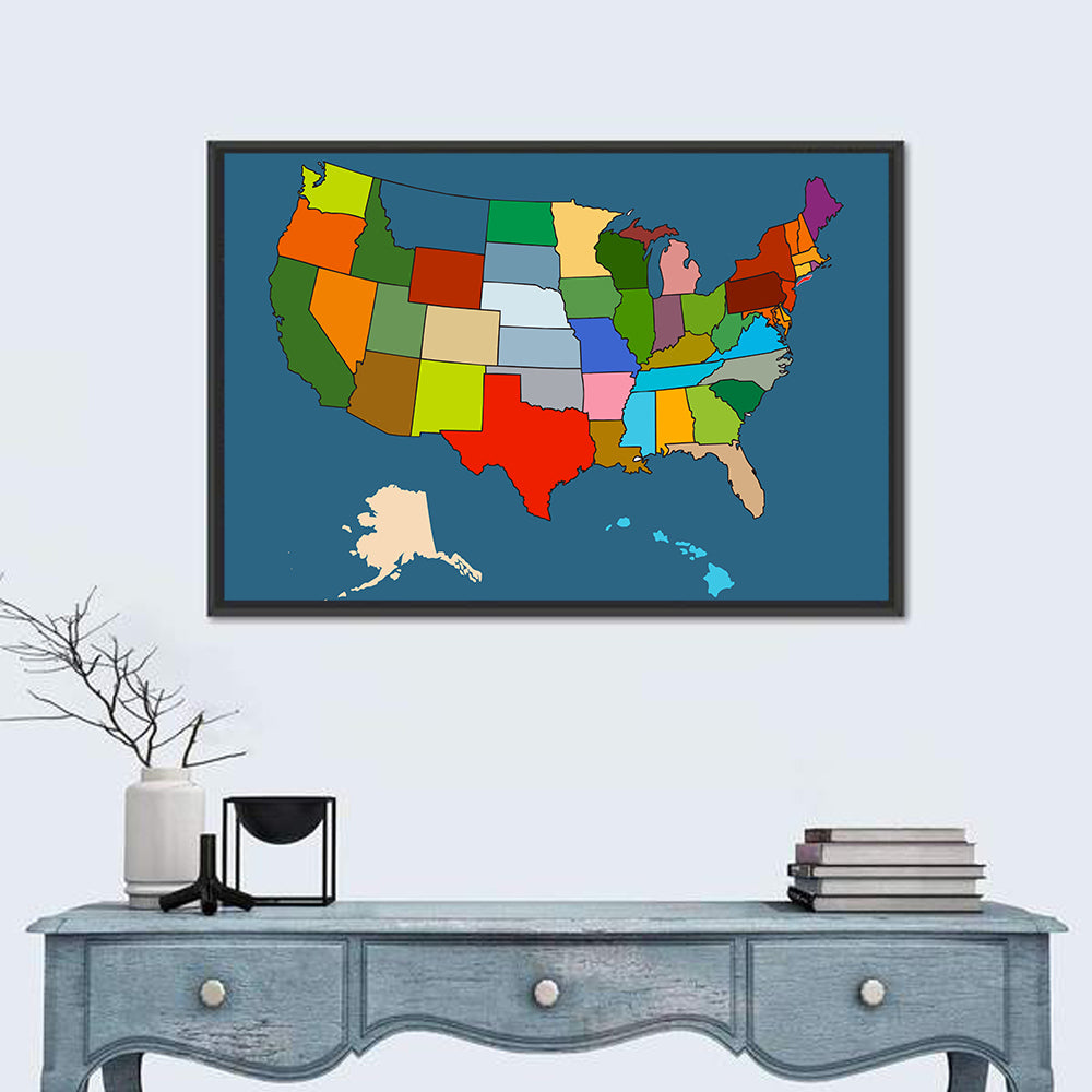 Color-blocked United States Map Wall Art in a room, landscape