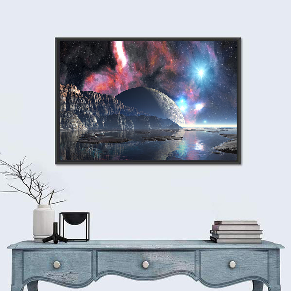 Tranquil Alien Lake Wall Art in a room, landscape