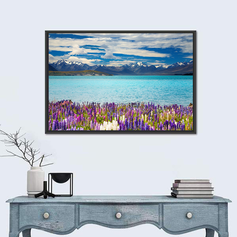 Lake Tekapo Lupines and Mountains Wall Art in a room, landscape