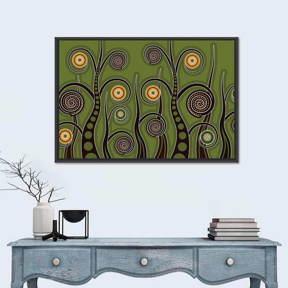 Botanical Spiral Roots Illustration Wall Art in a room, landscape