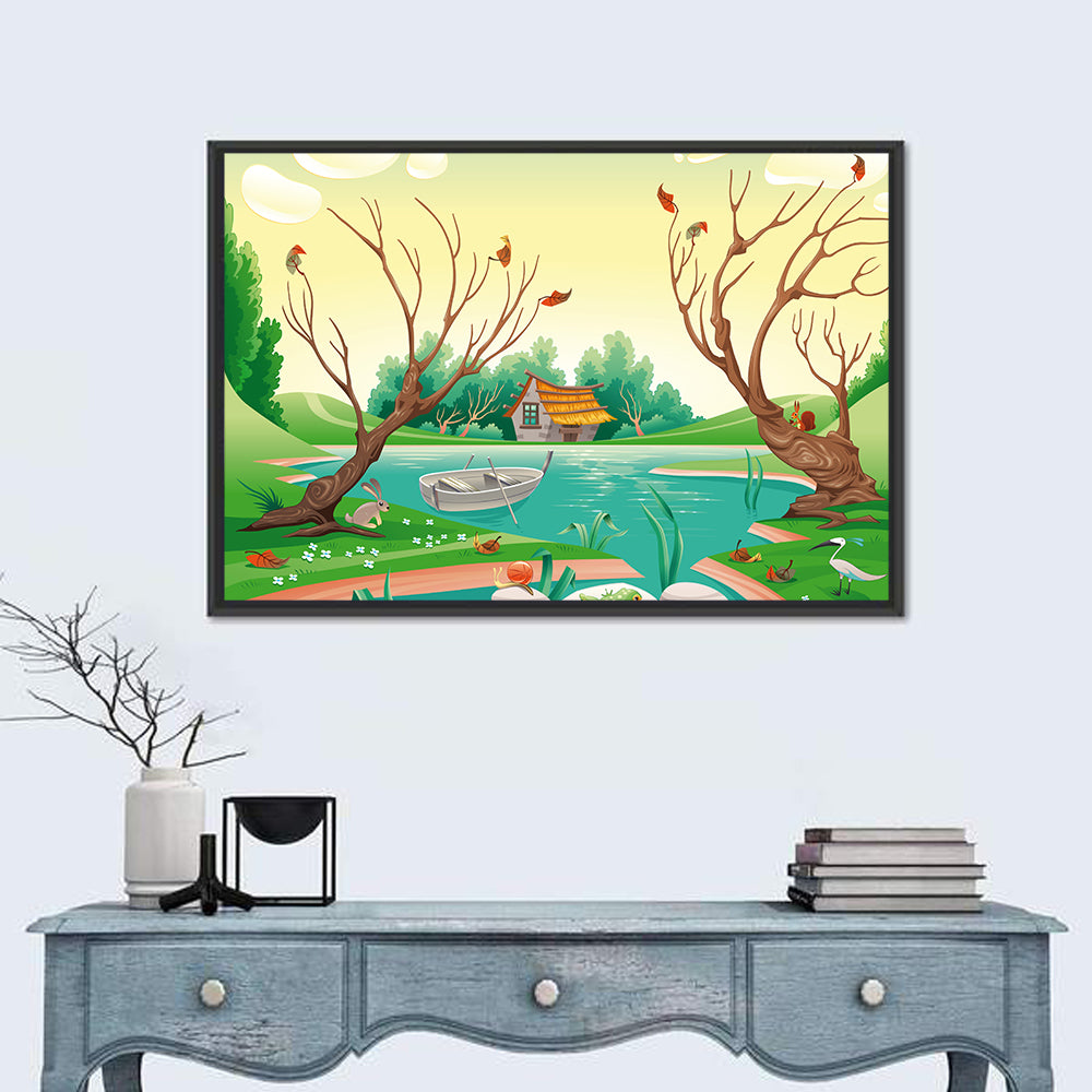 Thatched Village by the Lake Wall Art