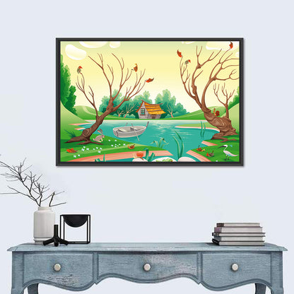 Thatched Village by the Lake Wall Art