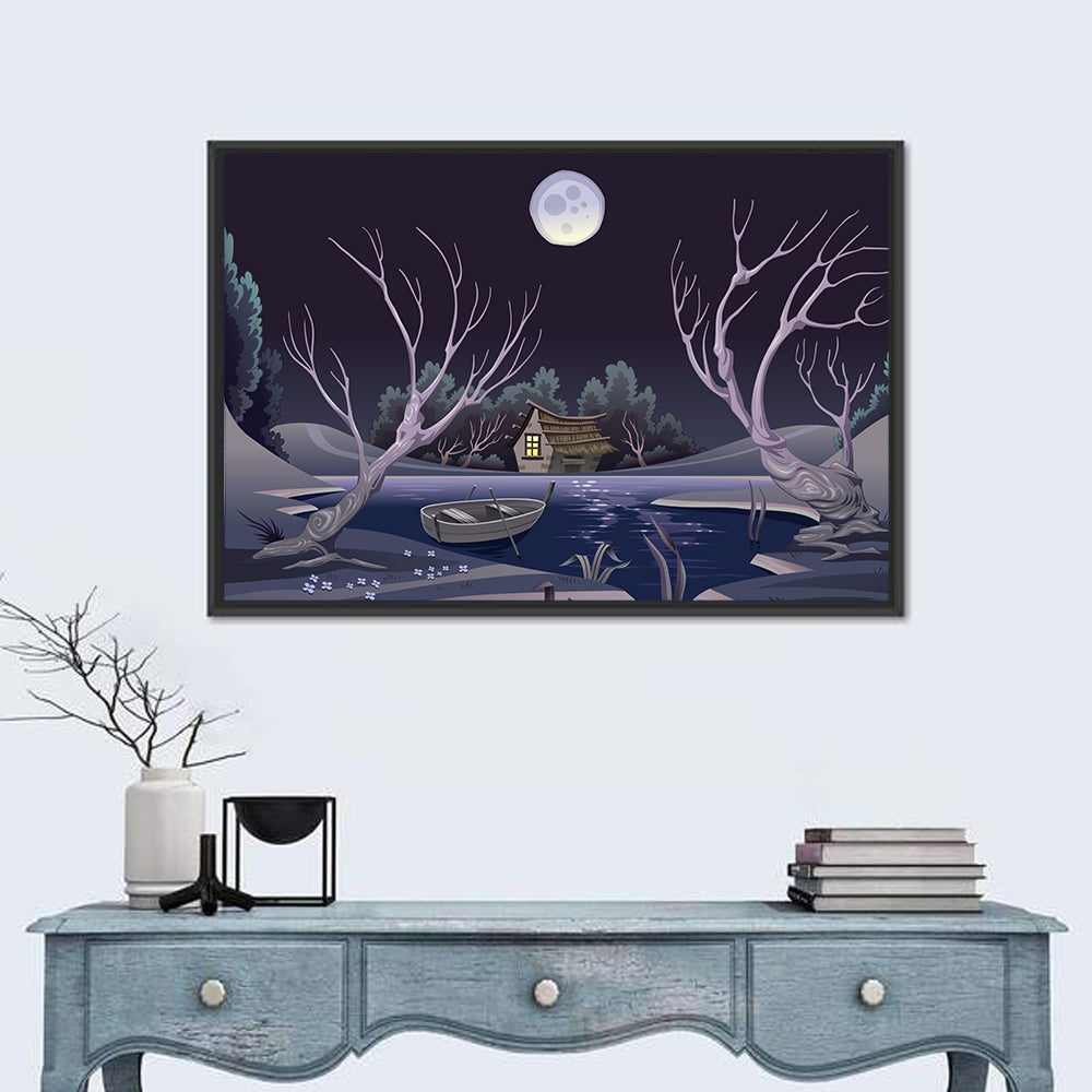 Cottage by Moonlit Pond Wall Art