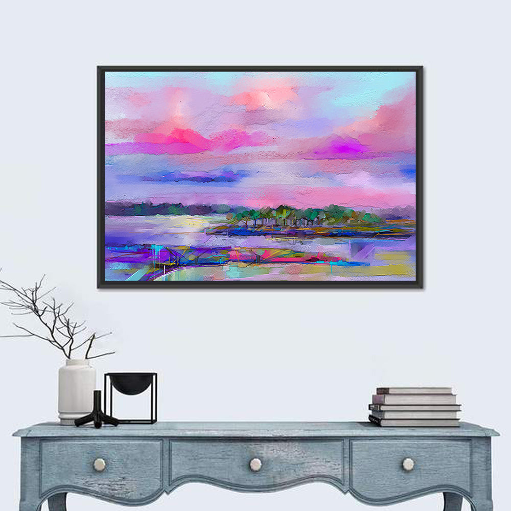 Dusk Meadow Reflection Wall Art in a room, landscape