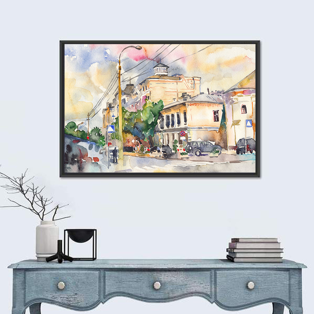 Sunlit City Street Watercolor Wall Art in a room, landscape