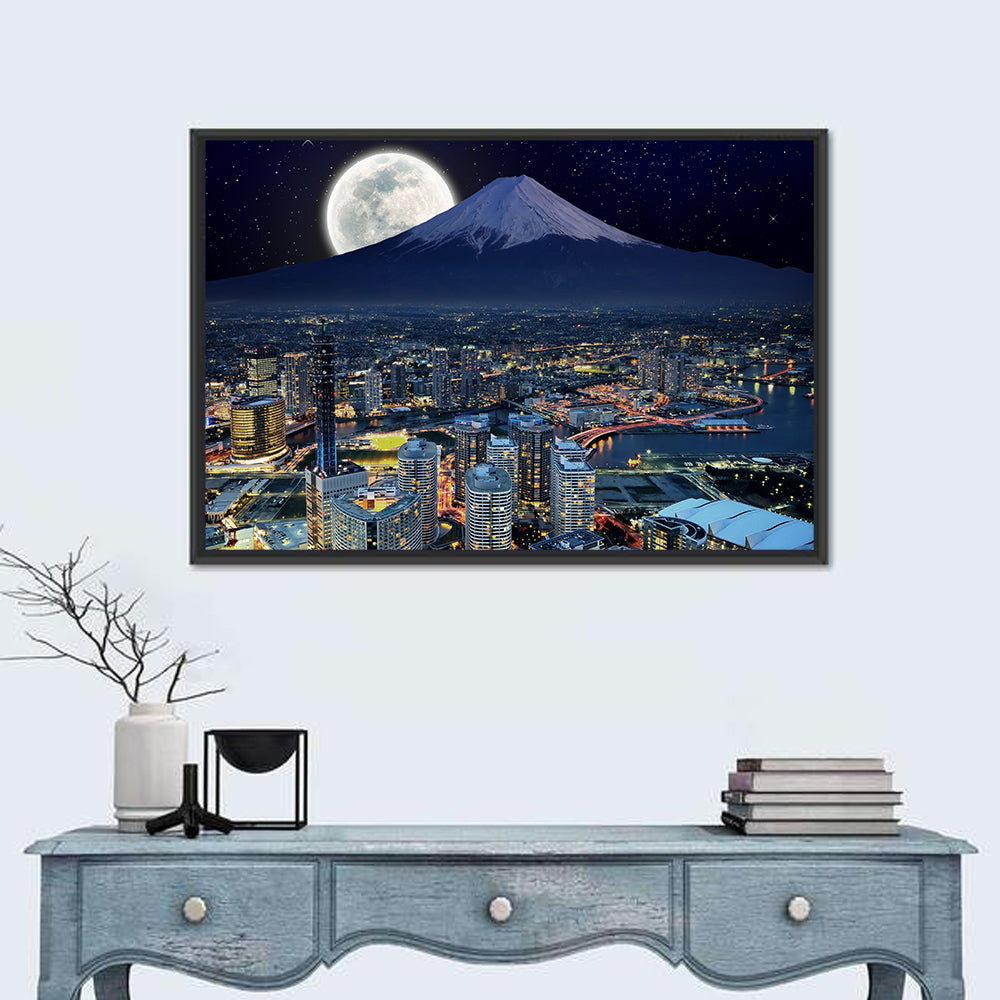 Yokohama Night Skyline with Mount Fuji Wall Art in a room, landscape
