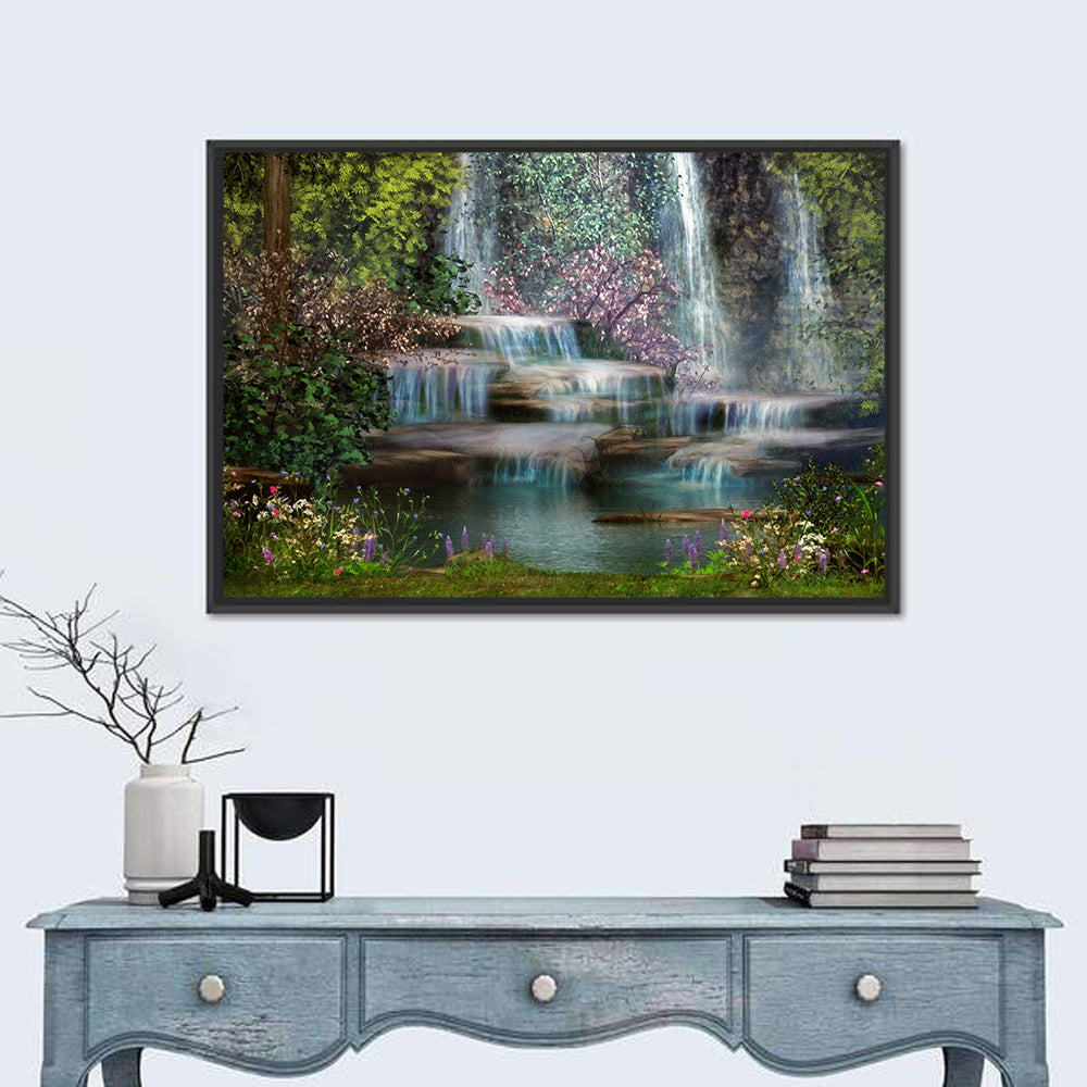 Multi-tier Jungle Waterfall with Pink Blossoms Wall Art in a room, landscape