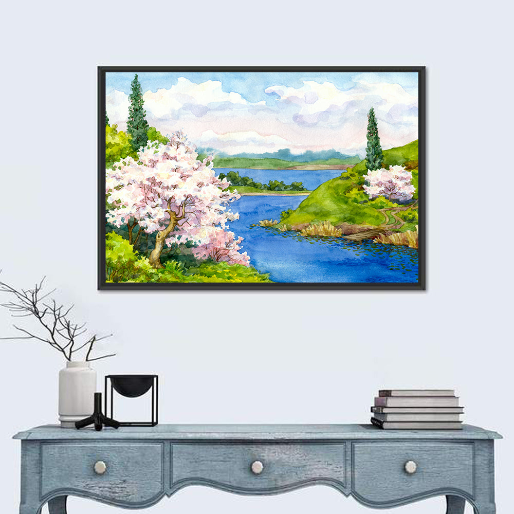 Spring Blossom Lakeside Landscape Wall Art in a room, landscape