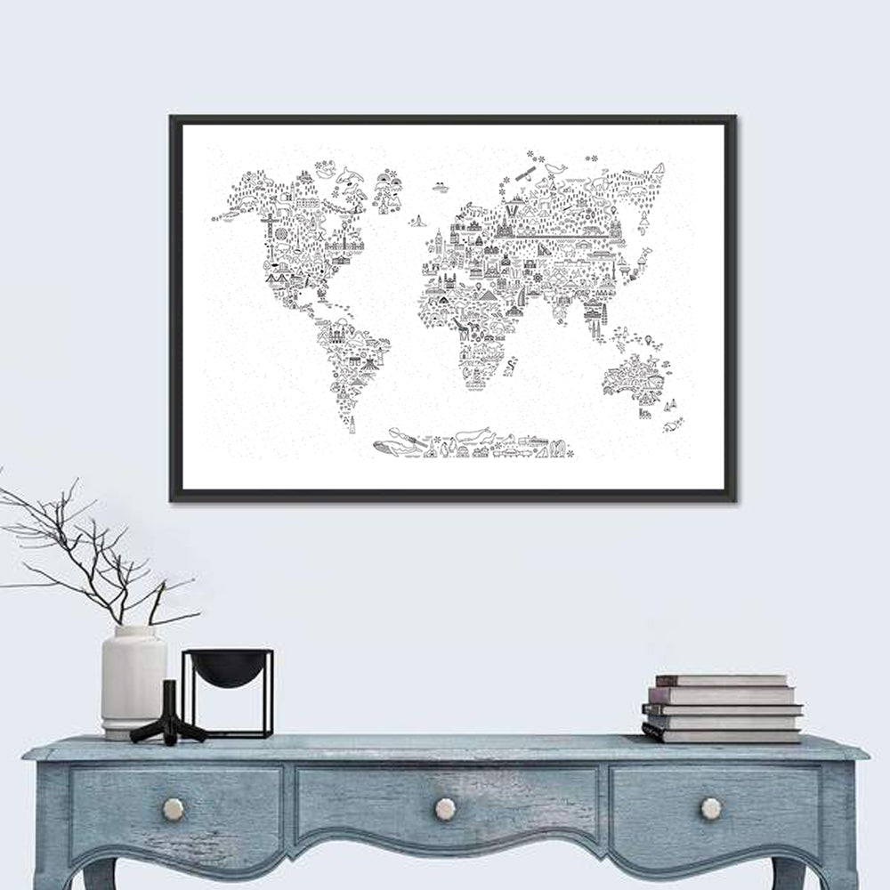 World Travel Line Icons Map Wall Art