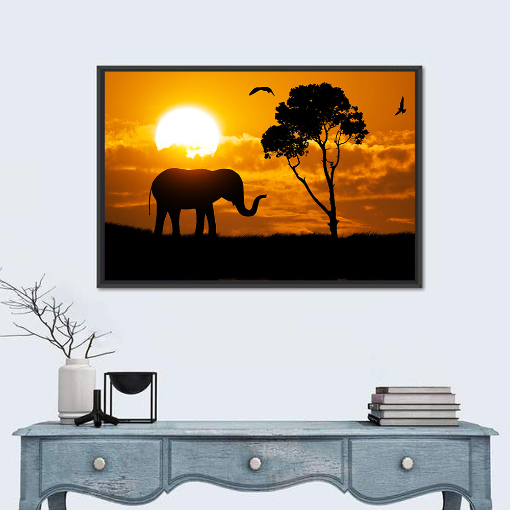Sunset Elephant Silhouette Wall Art in a room, landscape