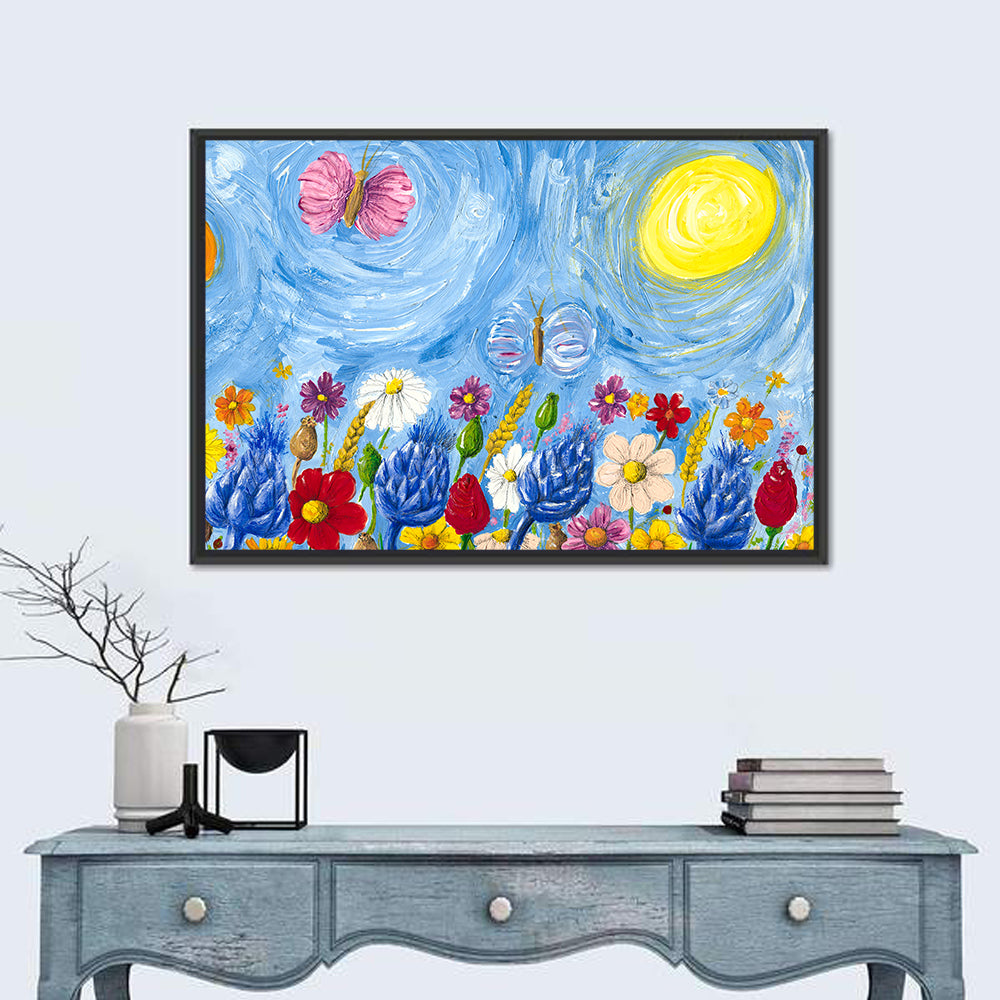 Sunlit Wildflower Meadow with Butterflies Wall Art in a room, landscape