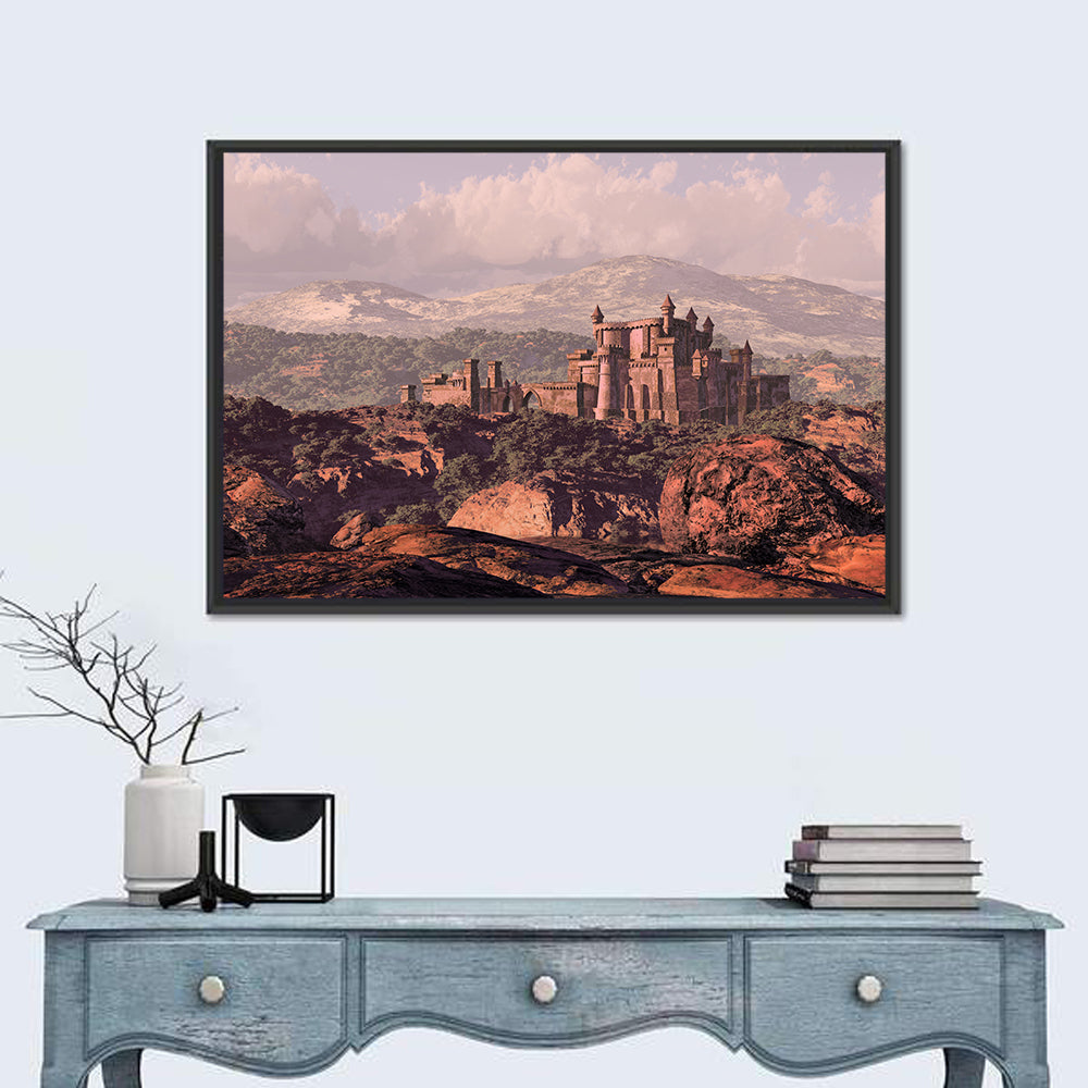 Medieval Fortress on Rocky Plateau Wall Art in a room, landscape