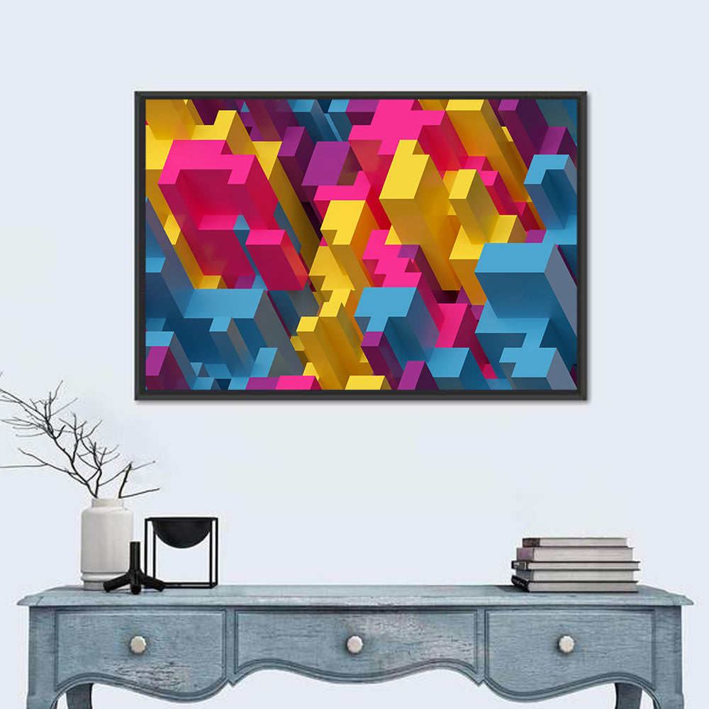 Isometric Voxel Cluster Wall Art in a room, landscape