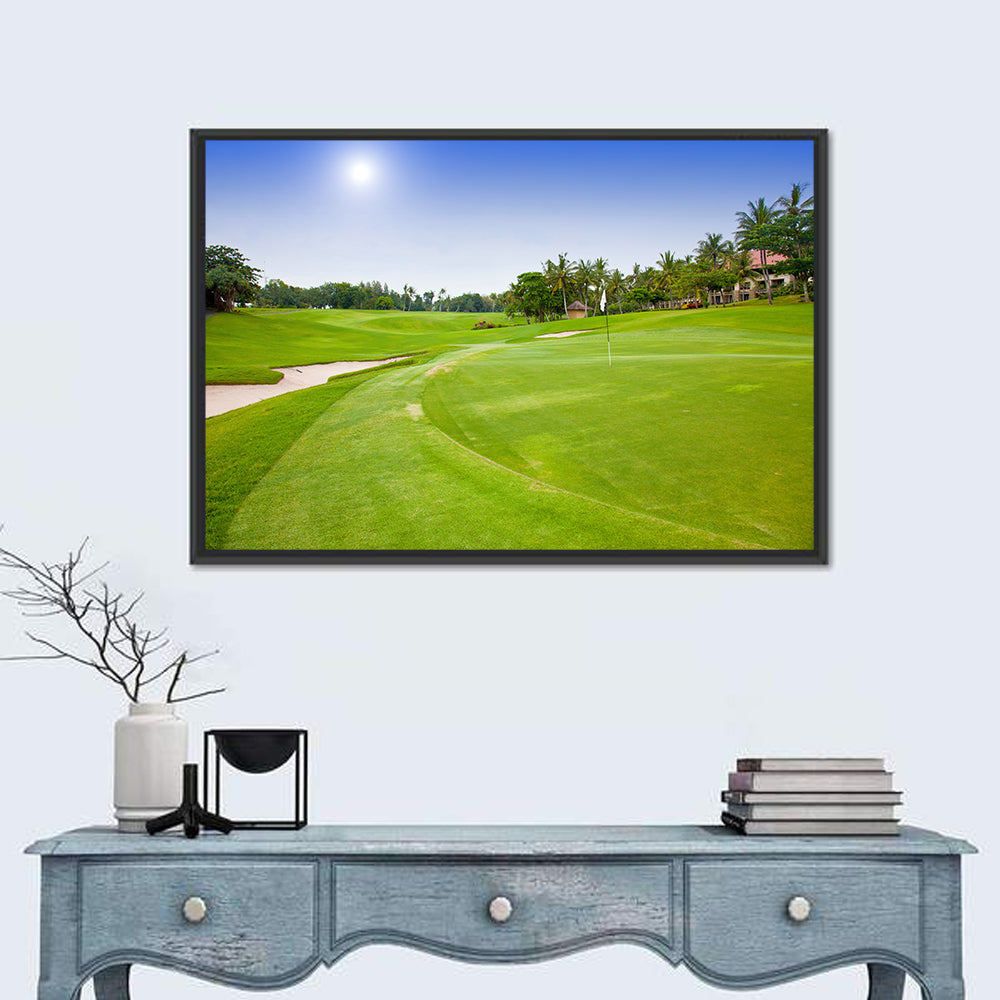 Sunny Putting Green with Palm Trees Wall Art in a room, landscape