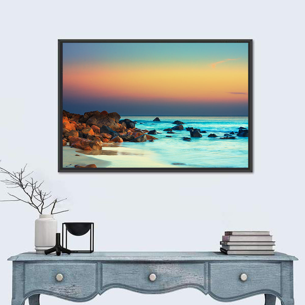 Sunset Over Volcanic Shoreline Wall Art in a room, landscape