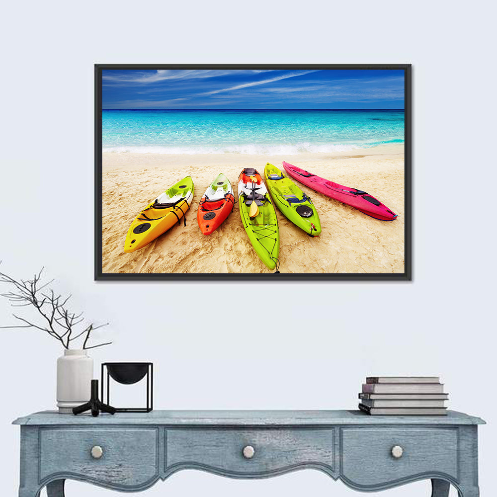 Five Colorful Kayaks on White Sand Wall Art in a room, landscape