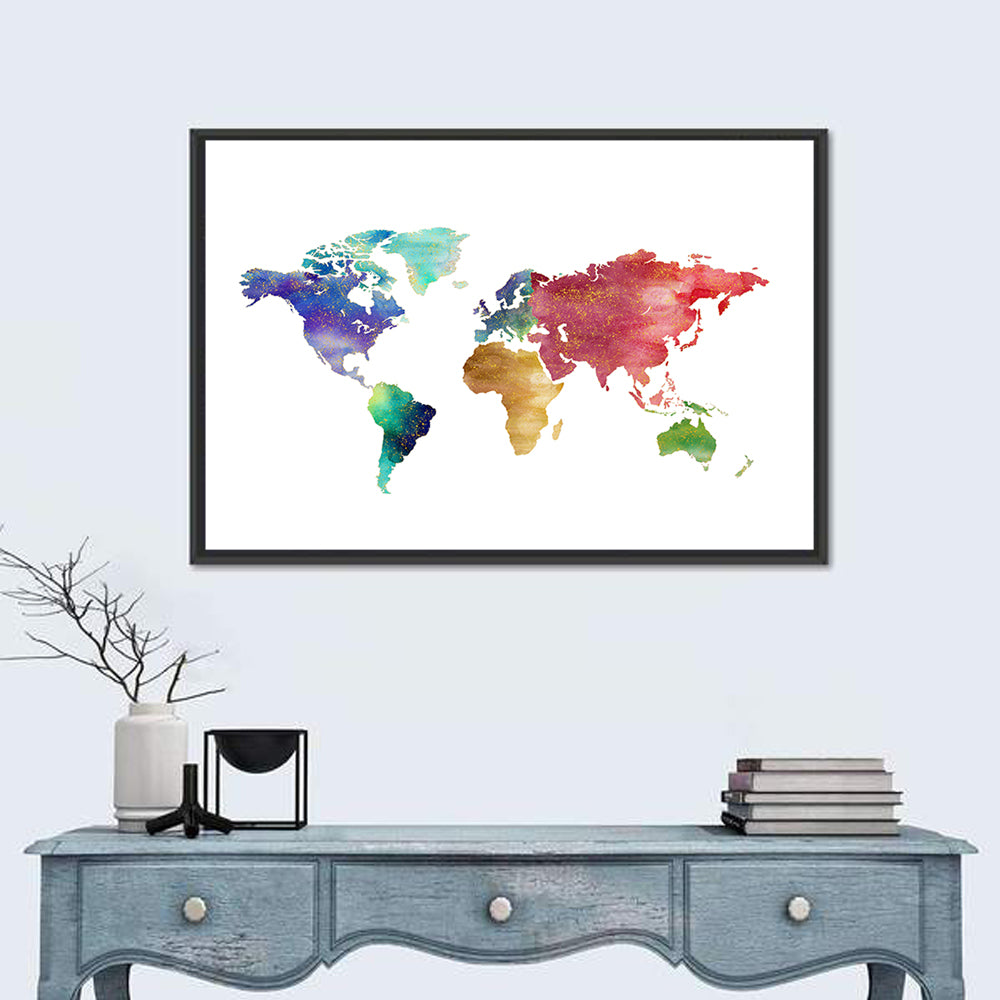 Watercolor World Map Wall Art in a room, landscape