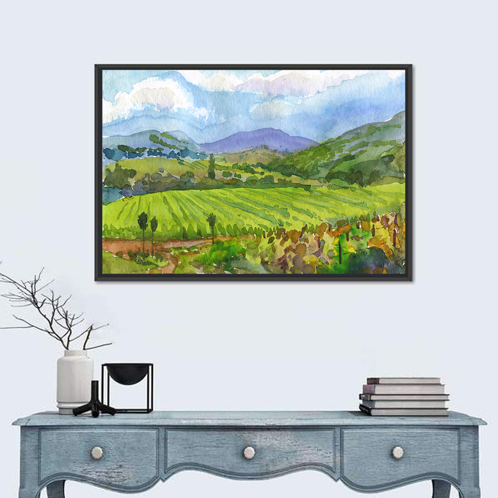 Countryside Vineyard Watercolor Wall Art in a room, landscape