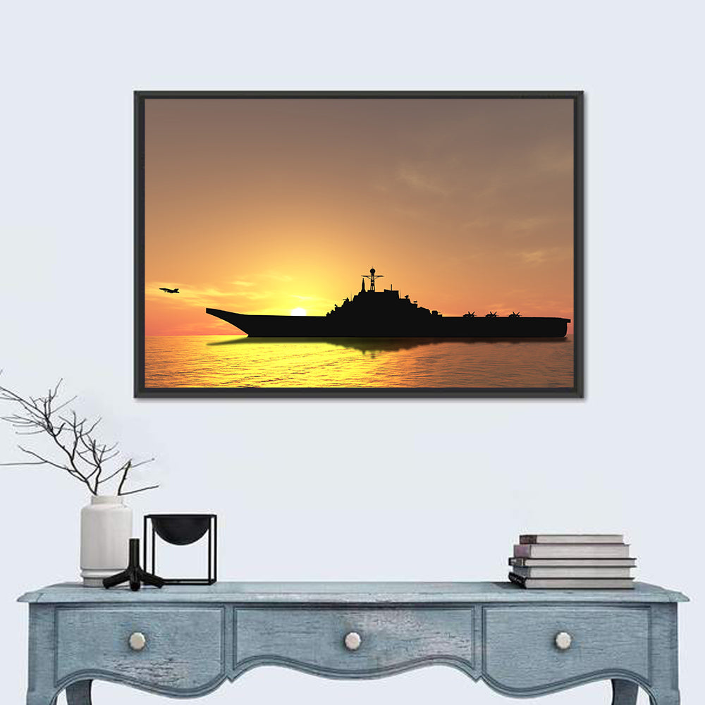Aircraft Carrier at Sunset Wall Art in a room, landscape