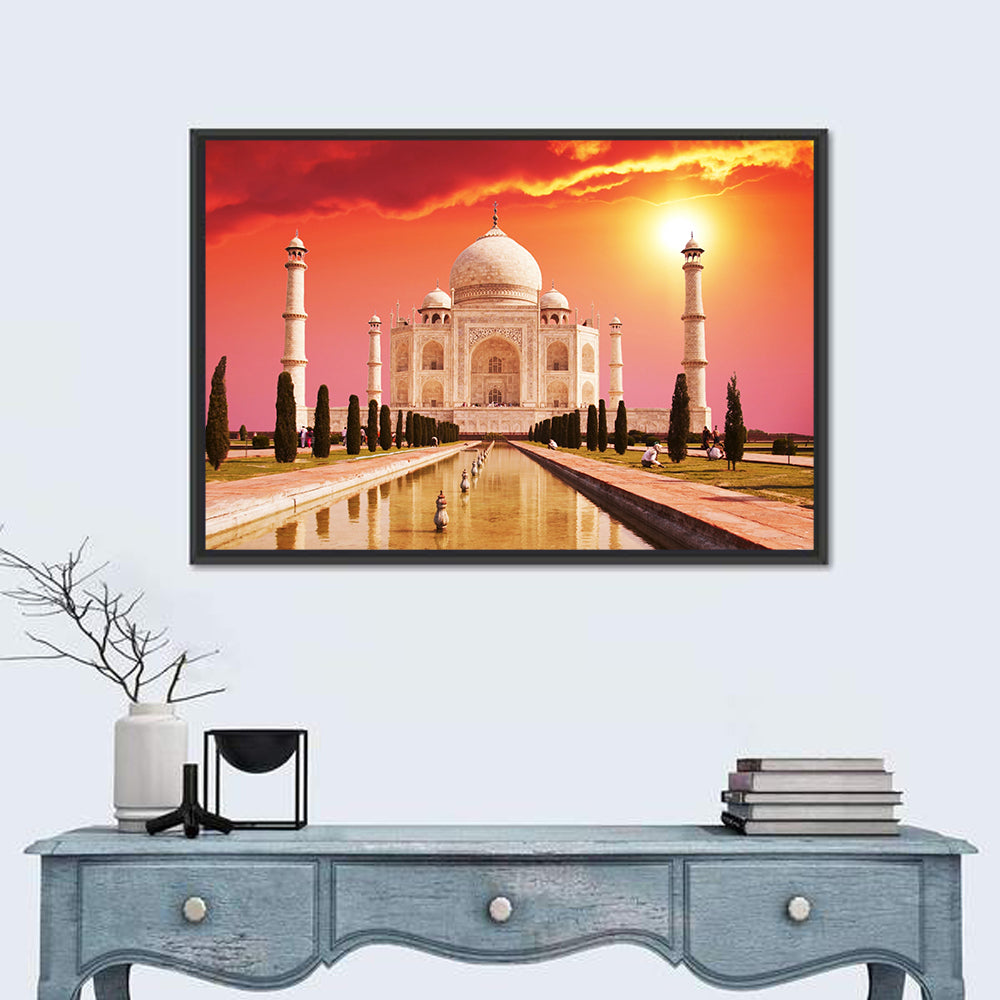 Taj Mahal at Sunrise, Agra Wall Art in a room, landscape