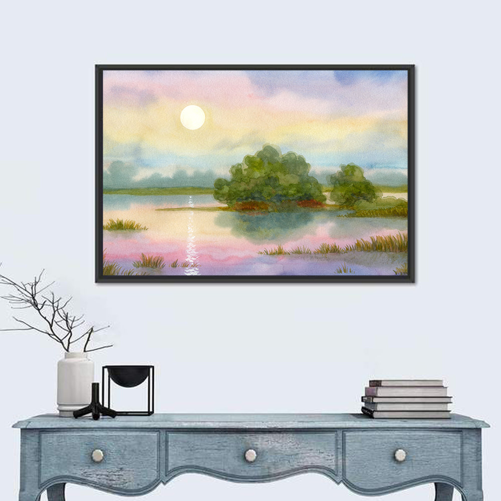 Golden Hour Sunrise Over Lake Wall Art in a room, landscape