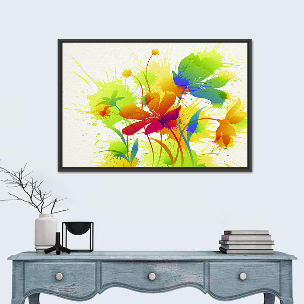 Vibrant Wildflower Watercolor Illustration Wall Art in a room, landscape