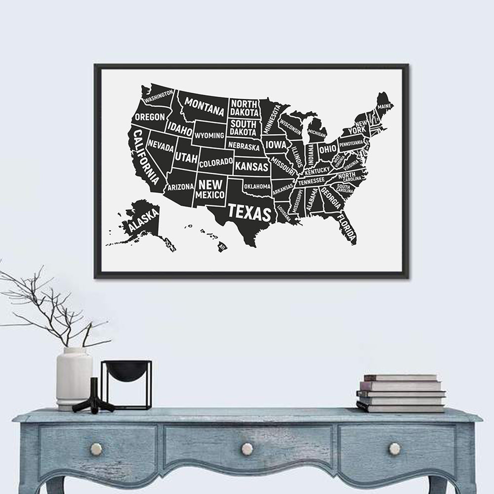 United States Map Silhouette Wall Art in a room, landscape