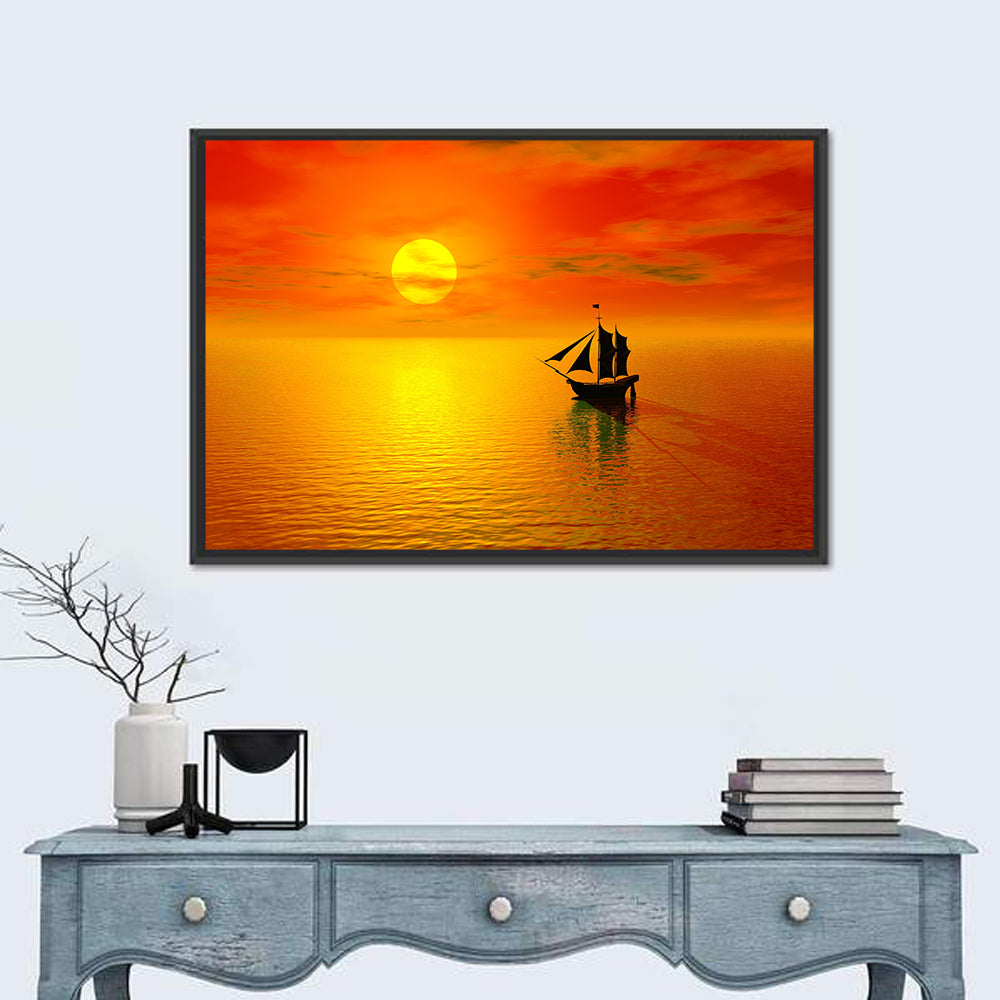Old Sailboat Silhouette at Sunset Wall Art