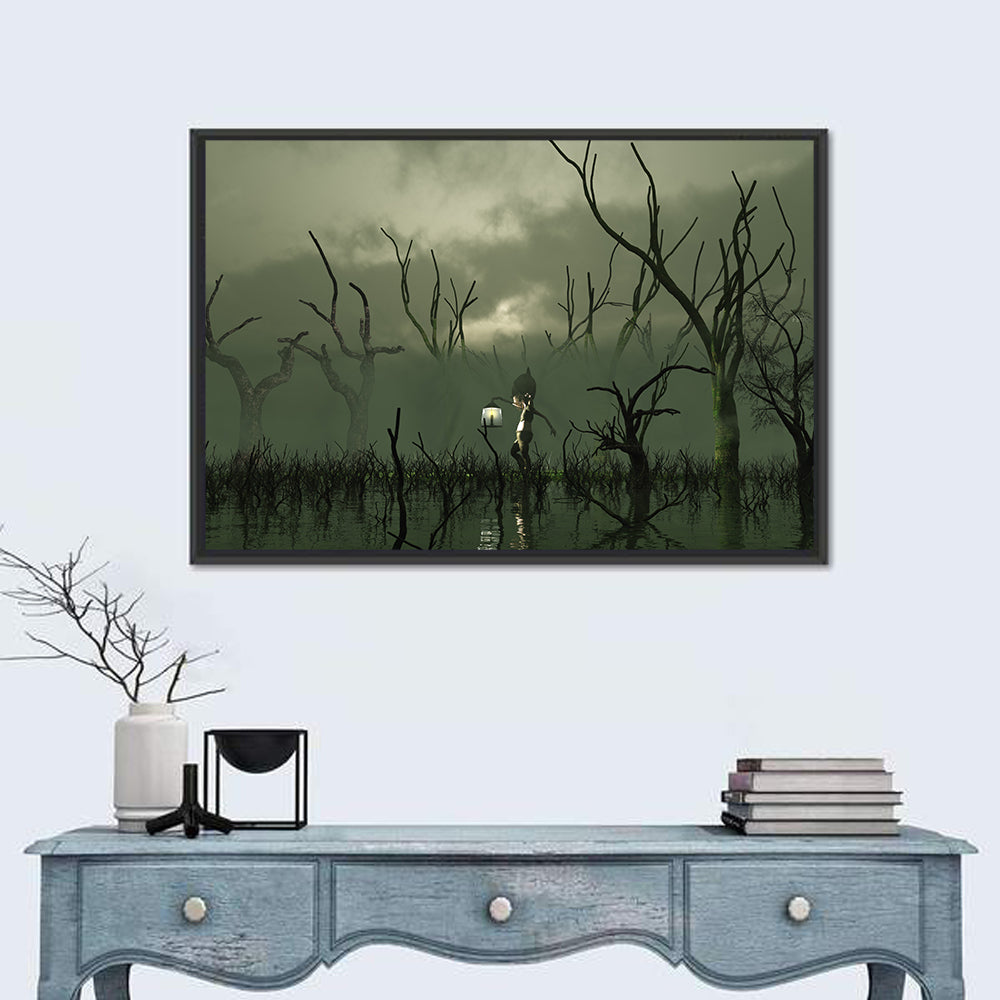Will O the Wisp in Misty Swamp Wall Art in a room, landscape