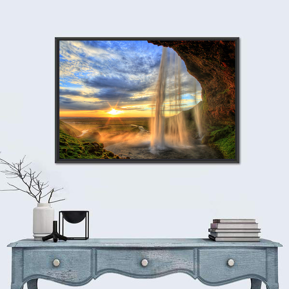 Seljalandsfoss at Sunset Wall Art in a room, landscape