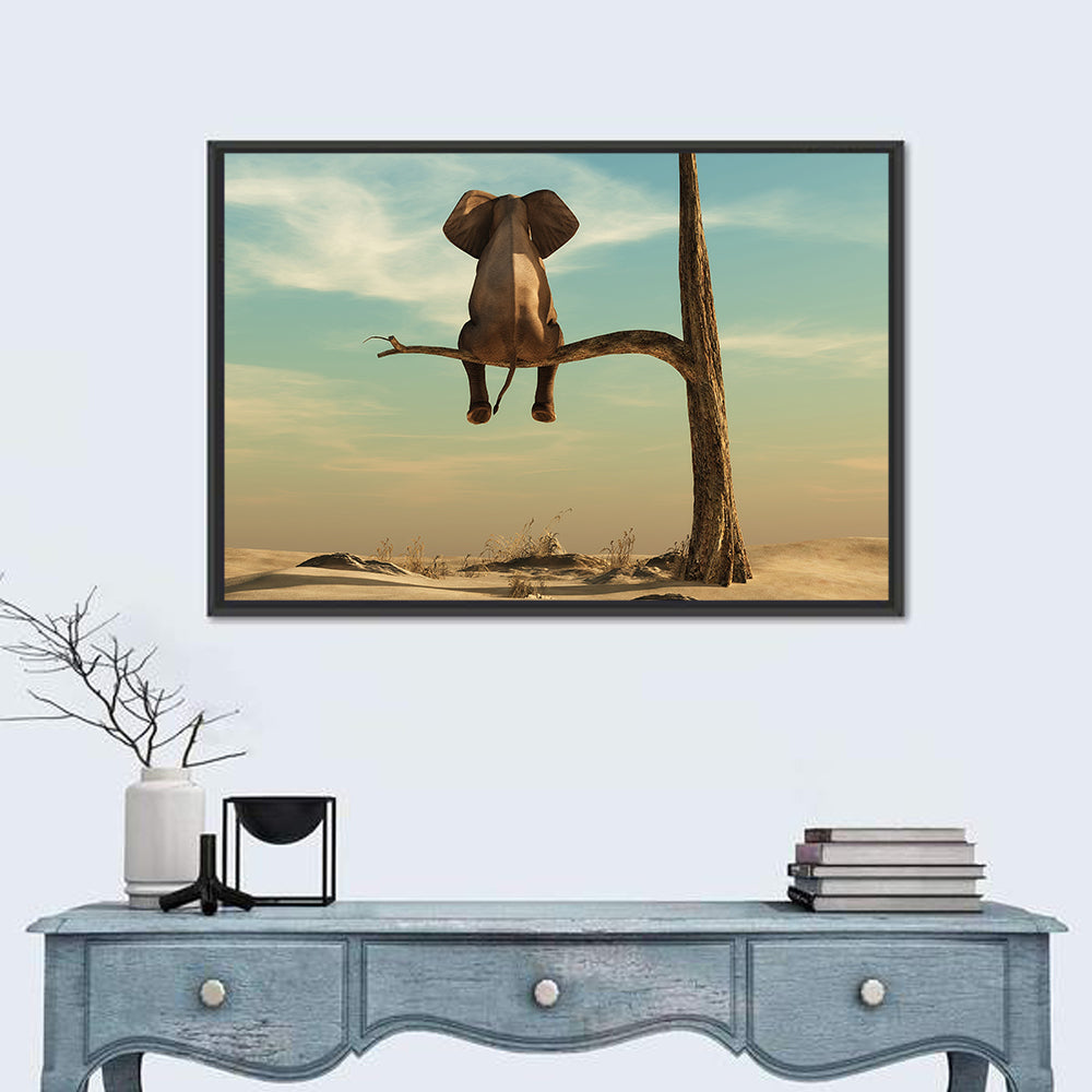 Solitary Elephant on a Tree Branch Wall Art in a room, landscape