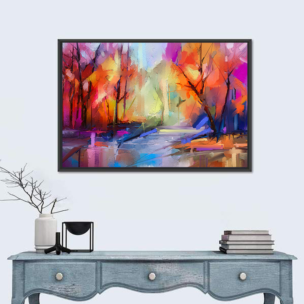 Autumn Forest Oil Painting Wall Art in a room, landscape