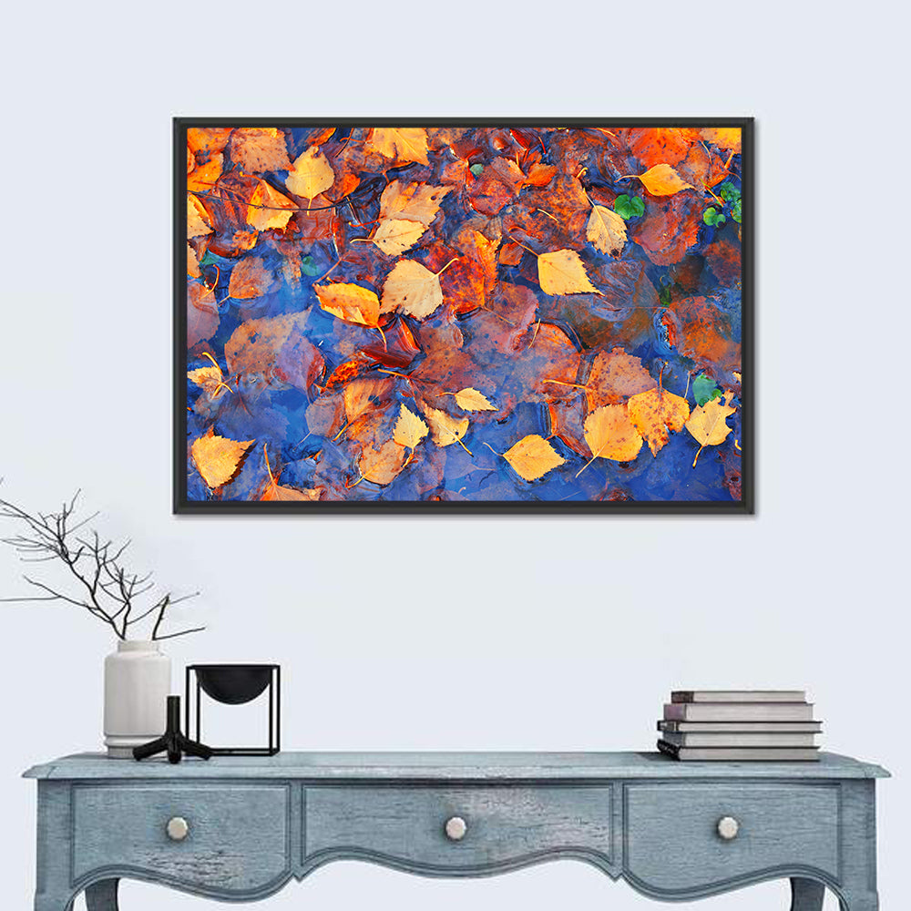Birch Leaves in Rain Puddle Wall Art in a room, landscape
