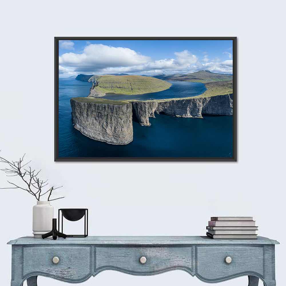 Sørvágsvatn Lake and Tralanipan Cliffs Wall Art in a room, landscape