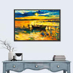 Sunset Boat at Jetty Oil Painting Wall Art