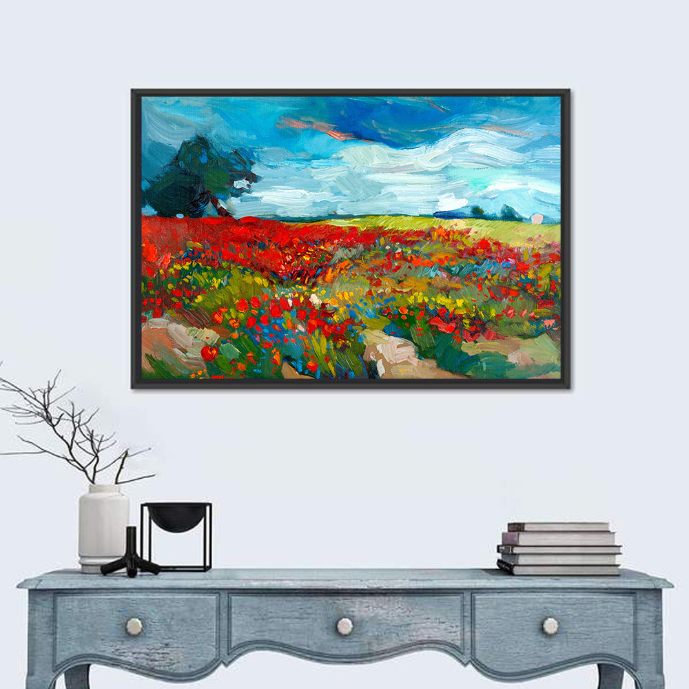 Impressionist Poppy Field Wall Art in a room, landscape