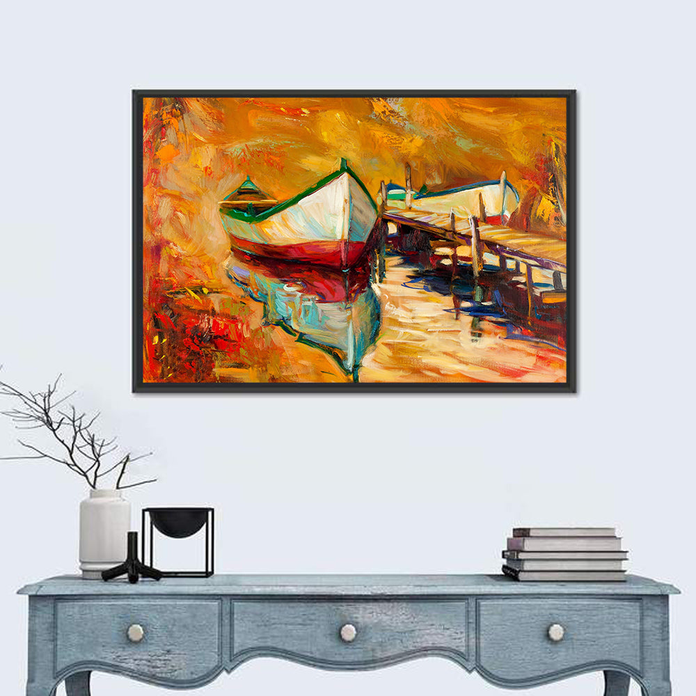 Boat at Jetty with Reflection Wall Art in a room, landscape