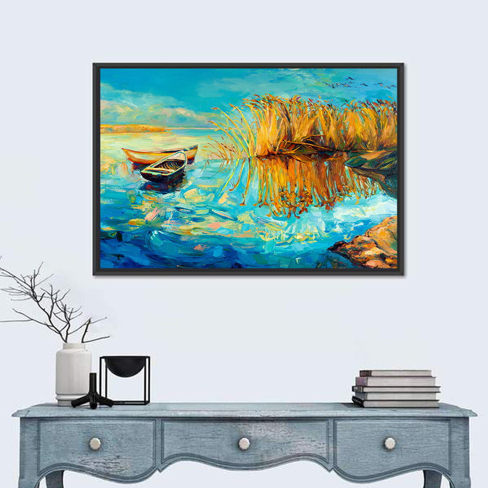 Rowboats and Reeds on Blue Lake Wall Art in a room, landscape