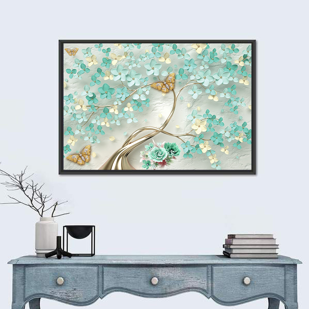 Teal and Gold Floral Abstraction Wall Art in a room, landscape