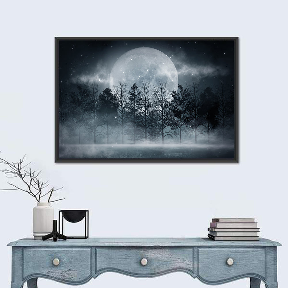 Full Moon Over Misty Forest Wall Art in a room, landscape