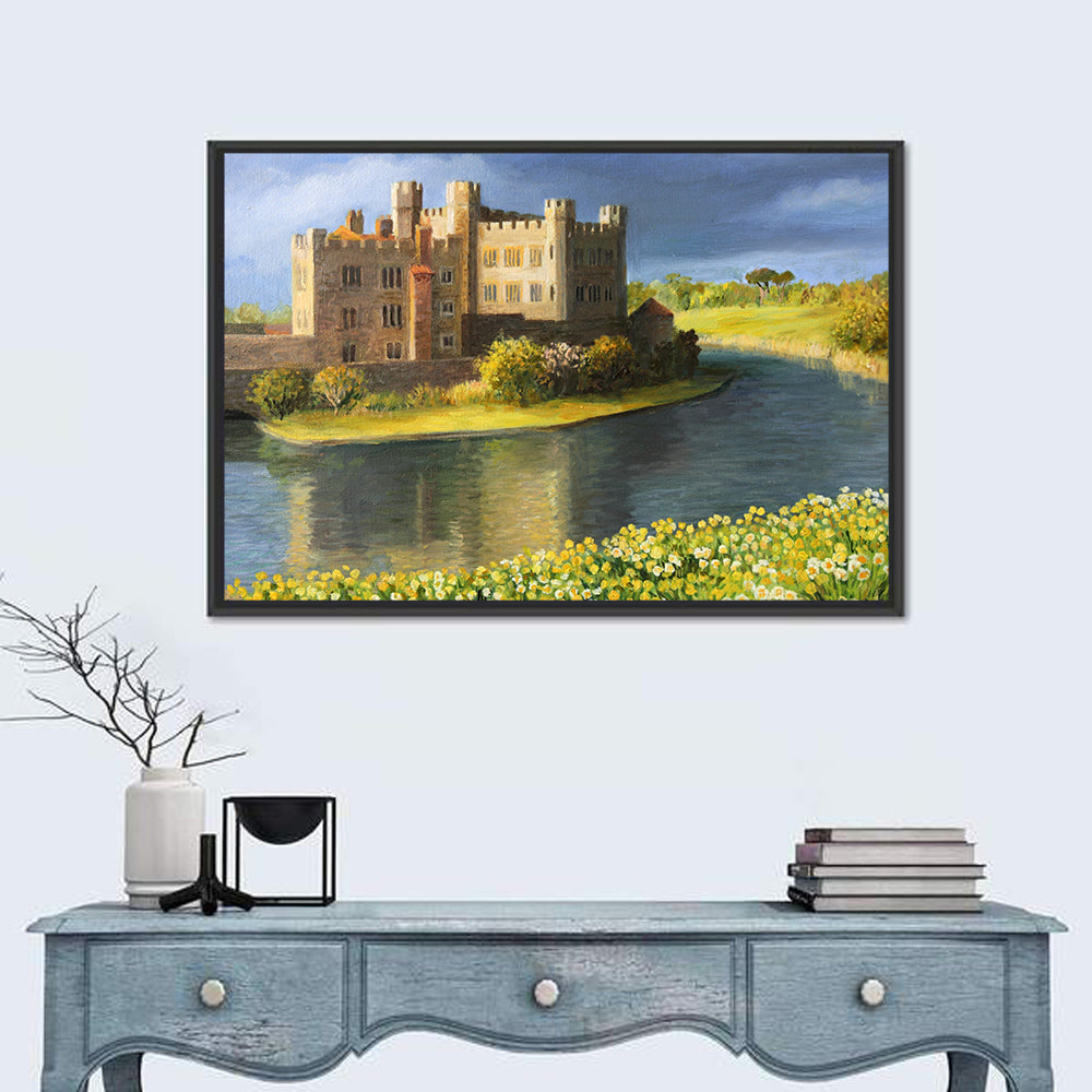 Castle Reflected Over Flower Meadow Wall Art in a room, landscape