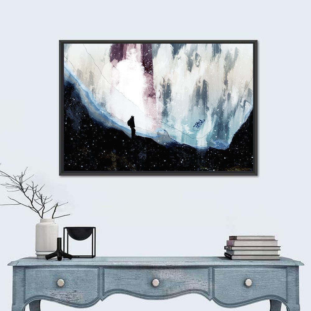 Silhouette on Cliff Over Waterfall Wall Art