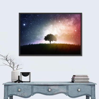Tree Silhouette Under Nebula Sky Wall Art