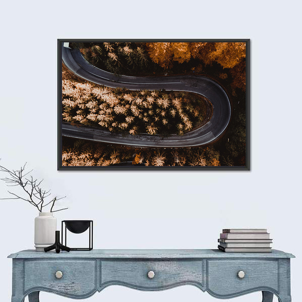 Hairpin Turn in Autumn Forest Wall Art in a room, landscape