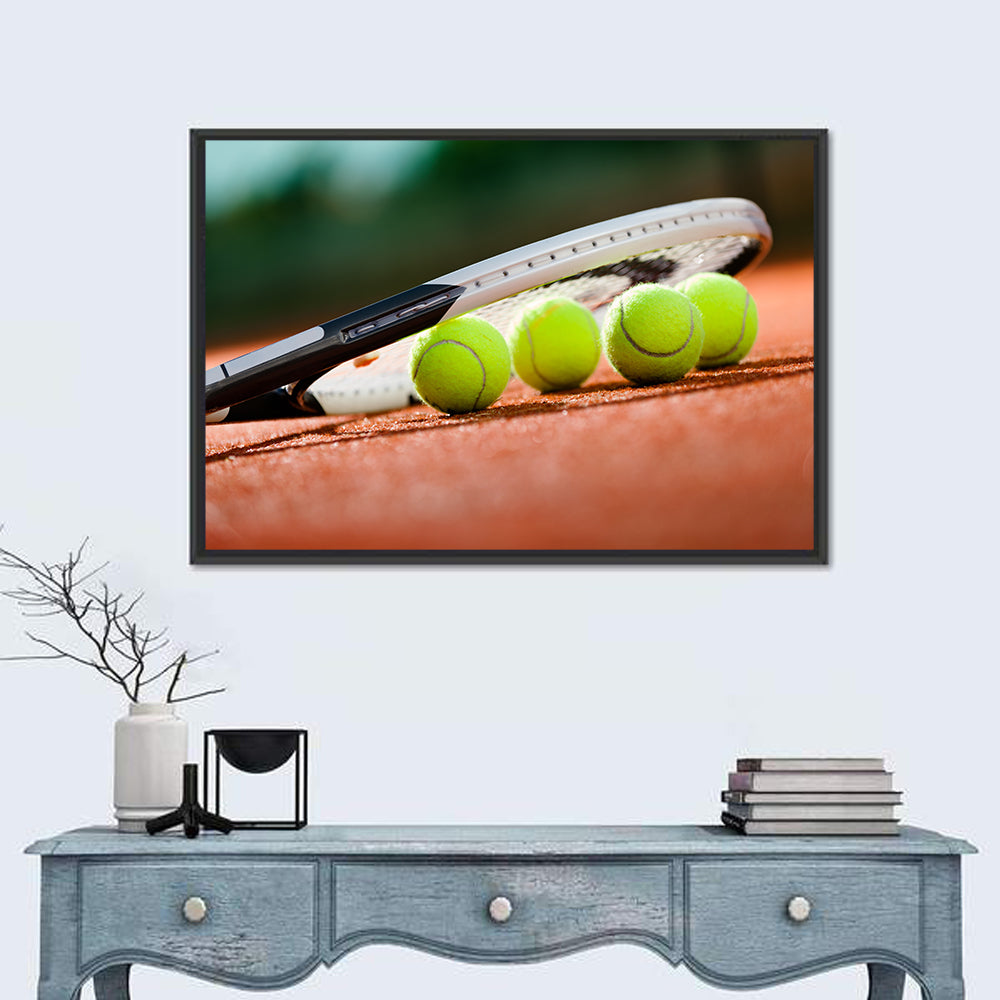 Tennis Balls Along Racket Frame Wall Art in a room, landscape
