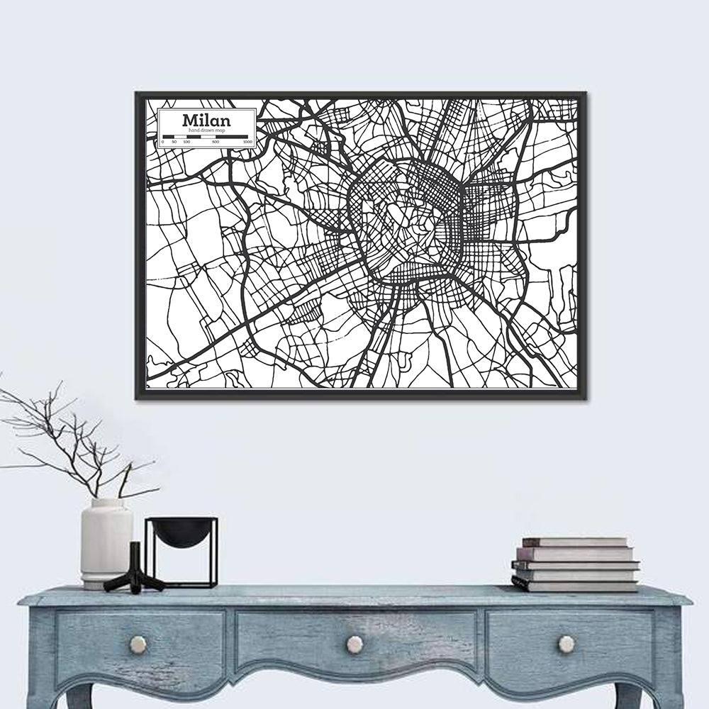 Milan City Map Monochrome Wall Art