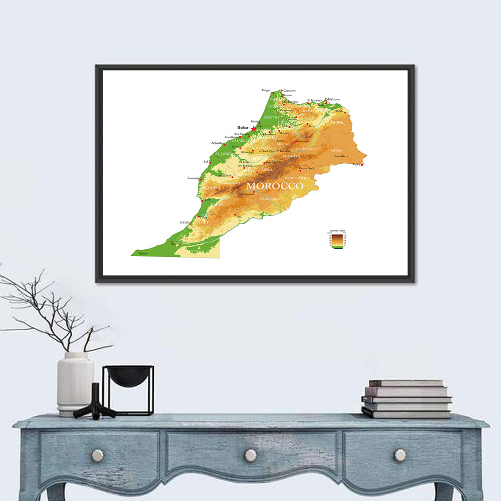 Morocco Topographic Map Wall Art in a room, landscape