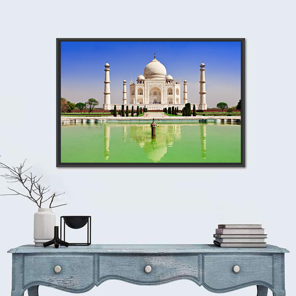 Taj Mahal Day Reflection Wall Art in a room, landscape