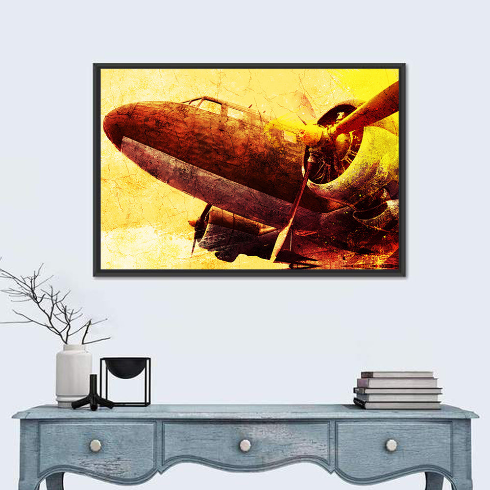 Grunge Military Propeller Plane Wall Art in a room, landscape