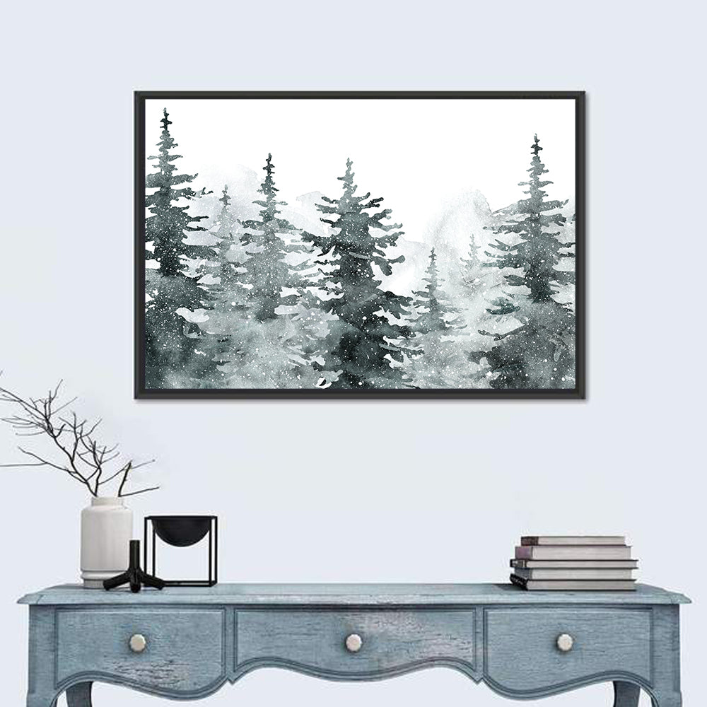Snowy Pine and Spruce Forest Wall Art in a room, landscape
